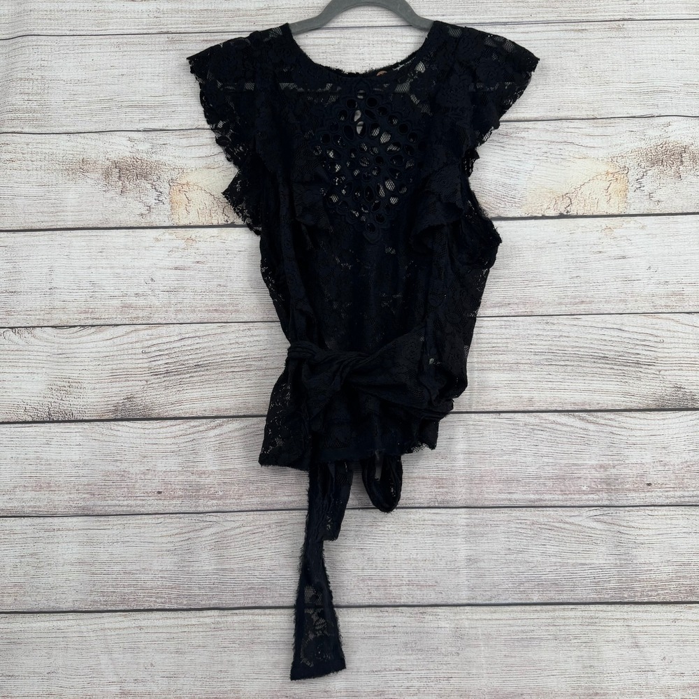 FP One Lace Wrap Top Women Medium Black Ruffle Eyelet Sleeveless
